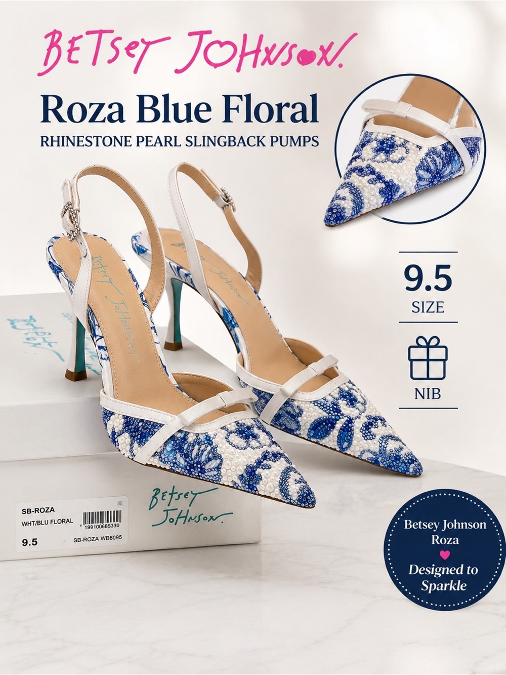 Betsey Johnson Roza Blue Floral
Rhinestone Pearl Slingback Pumps 9.5
NIB